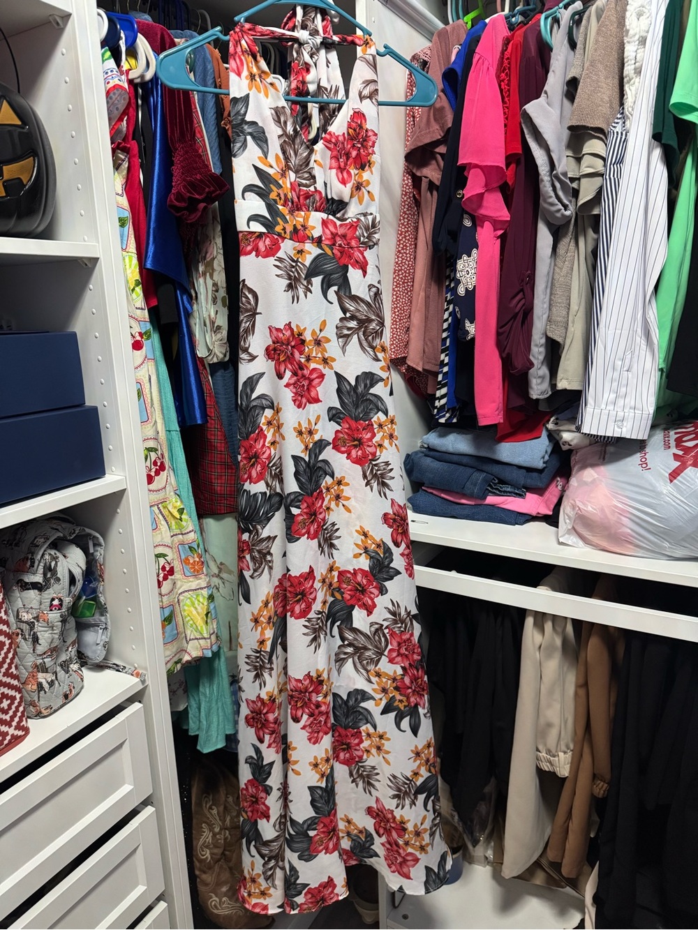 Floral Halter Maxi Dress in White with Red & Yellow Blooms